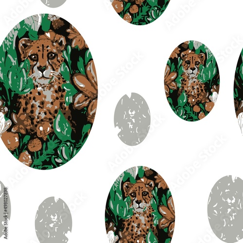 Beautiful tropical garden in the form of an oval, affectionate cheetah on a white background, a  pattern for your design and interior	