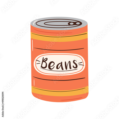 Beans in aluminum can. Hand drawn vector illustration of preserved food. Ingredient for dinner in metal container
