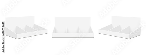 Blank Display Carton Counters Set, Front and Side View, Isolated on White Background. Vector Illustration