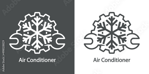 Reparación y servicio de aire acondicionado. Logo con texto Air Conditioner con llave, copo de nieve y rueda dentada con líneas en fondo gris y fondo blanco
