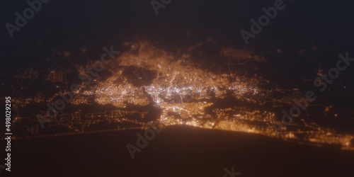 Street lights map of Abijan (Ivory Coast) with tilt-shift effect, view from south. Imitation of macro shot with blurred background. 3d render, selective focus