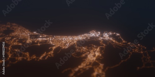 Street lights map of Mascat (Oman) with tilt-shift effect, view from south. Imitation of macro shot with blurred background. 3d render, selective focus photo
