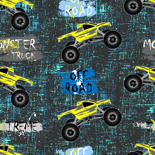 seamless pattern monster truck yellow, text and blue grunge. print for boys textile