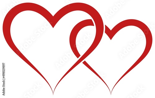 Herz Vektor in rot. Abstrakte romantische Illustration aus zwei verschlungenen Herzen. Weißer isolierter Hintergrund.