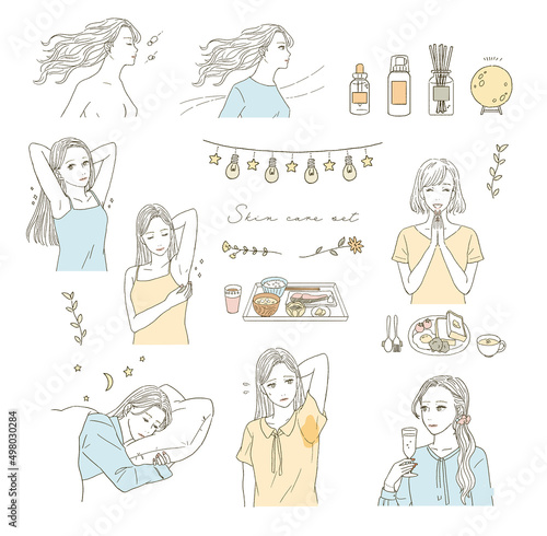ビューティー　健康に気を配る女性のイラストレーションセット