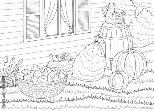 Harvest coloring graphic black white landscape crop sketch illustration vector