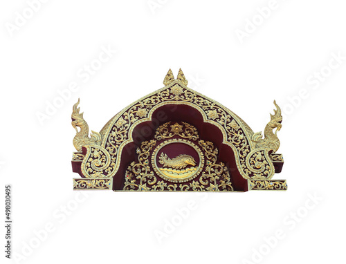 Golden red gable temple stucco decorative on wood entrance arches with serpent king statue (naga), fish and floral isolated on white background , clipping path