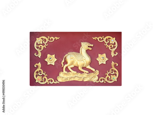 Decorative gold animal and flowers stucco patterns on brown red wall isolated on white background , clipping path © Amphawan