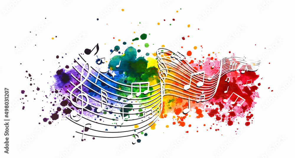 Dessin De Musique Page De Garde rainbow vector music background with notes and watercolor splash Stock