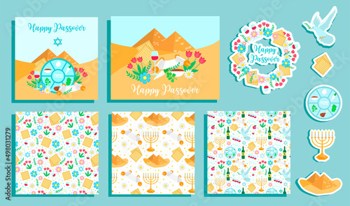 Passover vector design set, postcards, seamless patterns and stickers.