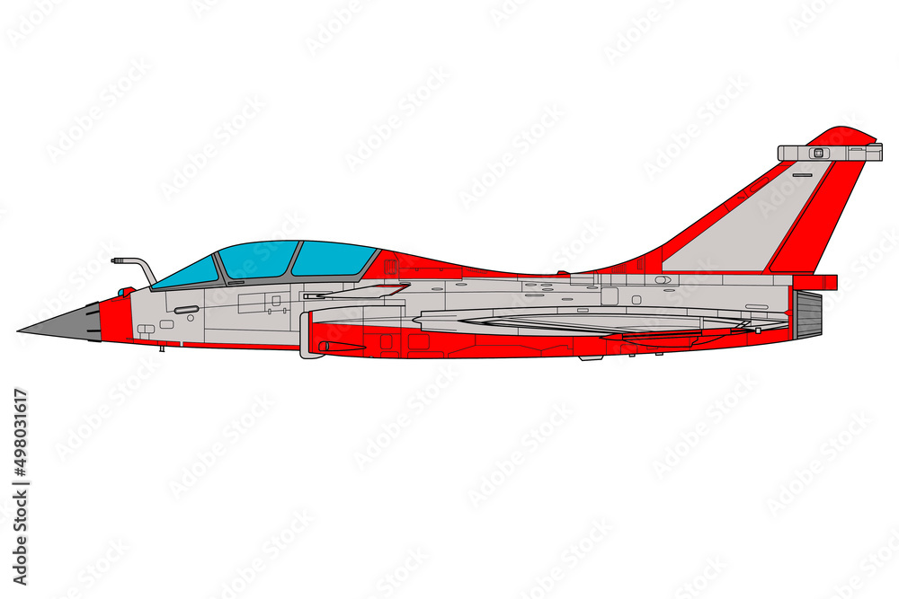 Fototapeta premium Vista lateral de avión de combate gris y rojo