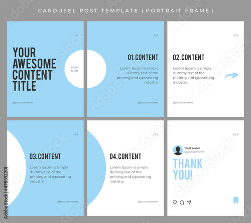 Carousel post template for social media. Microblog style, portrait frame, modern simple minimalist style with ice blue and white color theme.