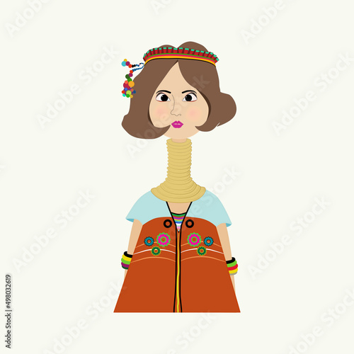 Beautiful long-necked Karen hill tribe cartoon characters of northern Thailand. The girl wears a ring around her neck and a colorful traditional dress. akha tribe logo vector illustration