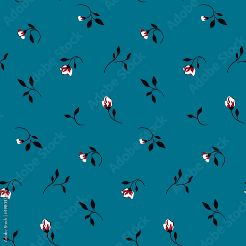 Old-fashioned floral print with tiny flowers twigs on a blue background. Seamless pattern with small hand-drawn flowers, leaves, twigs. Vector illustration.