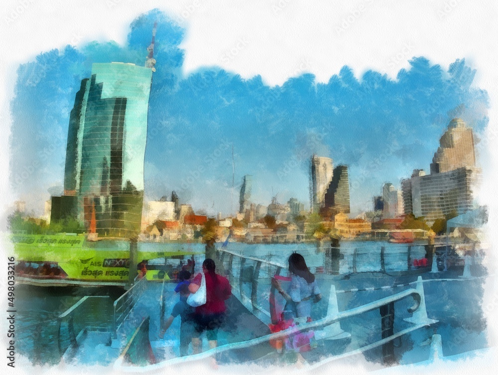 Obraz premium The landscape of the Chao Phraya River and the skyscrapers of Bangkok in Thailand watercolor style illustration impressionist painting.
