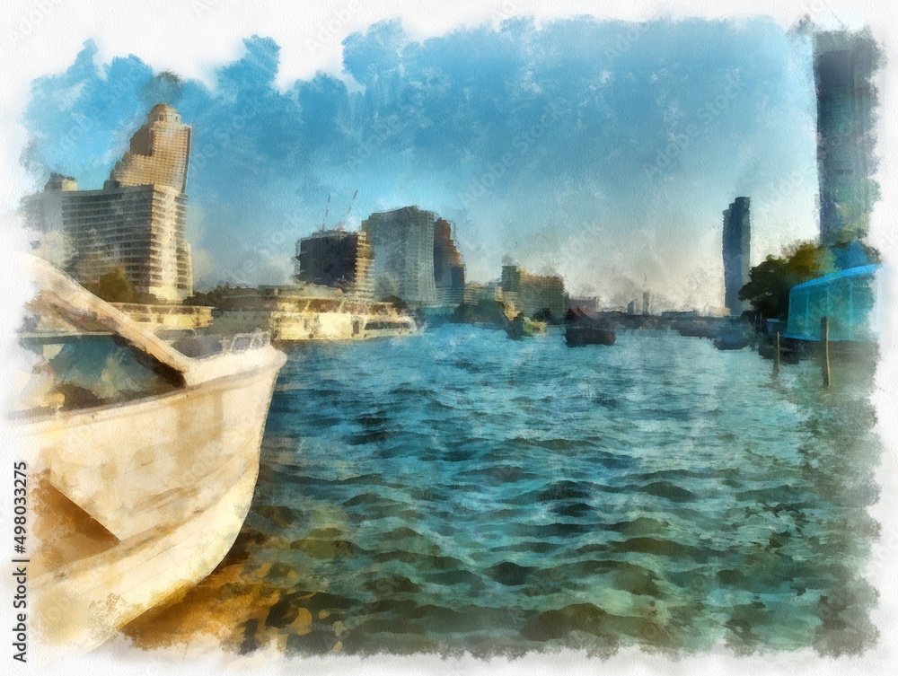 Boats on the Chao Phraya River of Bangkok in Thailand watercolor style illustration impressionist painting.
