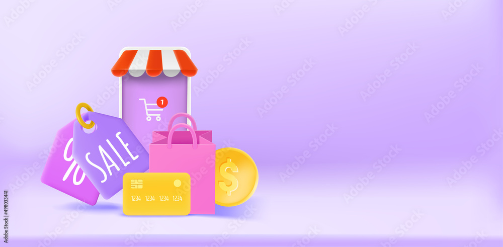 Mobile shopping concept with smartphone, bag, card and tags. 3d vector banner with copy space Mobile shopping concept with smartphone, bag, card and tags. 3d vector banner with copy space