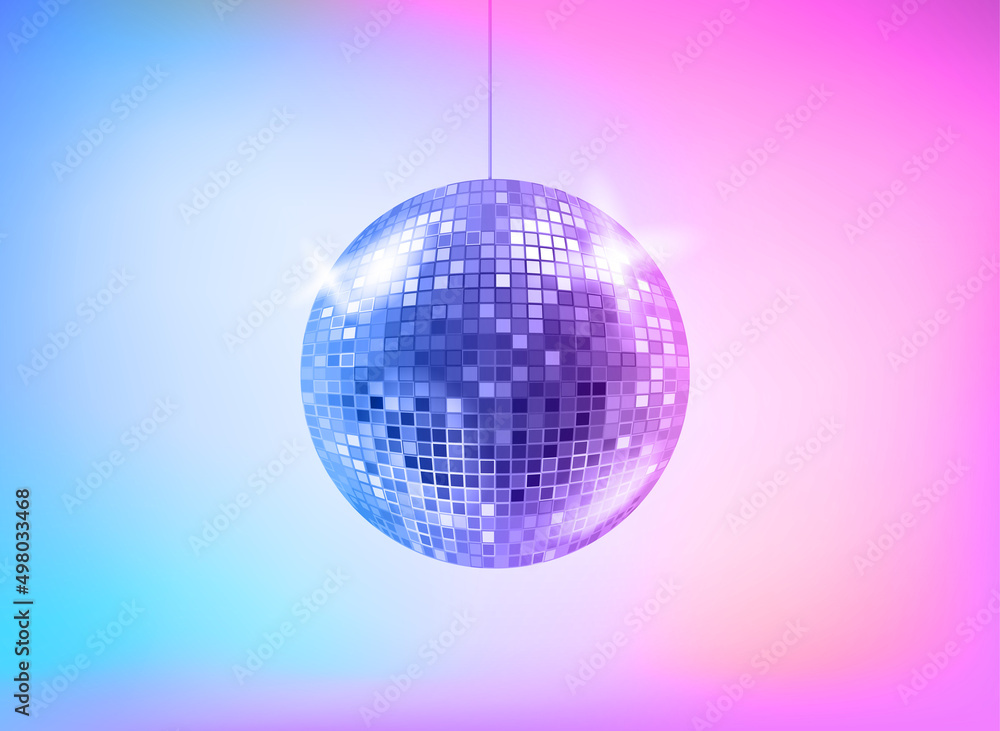 Fototapeta premium Bright holographic glowing studio with disco sphere. Vector 3d illustration