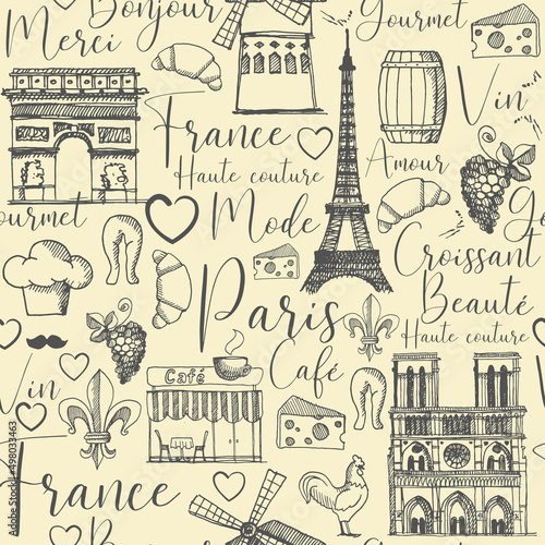 Seamless retro style background with symbols of Paris and France and French words