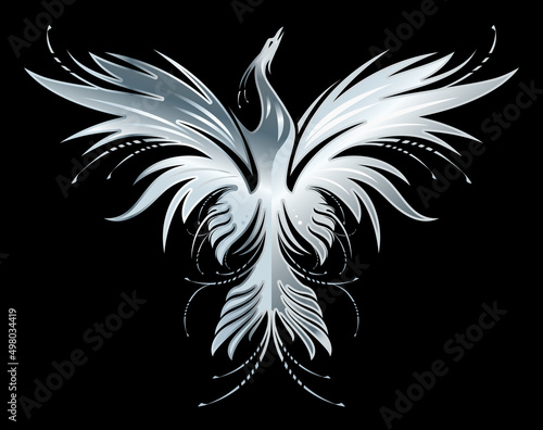 Stylized image of silver Phoenix silhouette on dark blue background. Vector illustration template for  print, tattoo, mascot