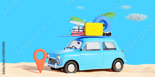 3d render of retro car with travel and vacation concept.