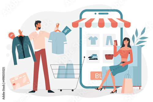 Sales in online retail shop and happy couple of customers. Tiny man holding clothes with discount on hangers to choose and buy gift, woman sitting on chair flat vector illustration. Shopping concept