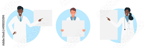 Set of doctors showing health data analysis results. Medical patient diagnosis and nurse clinical care flat vector illustration