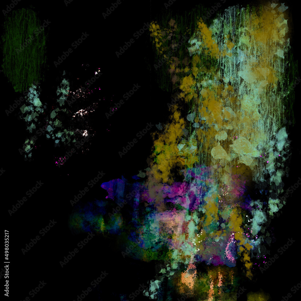 Abstract neon multicolored painted pattern with bright spots, blots, splashes, smudges and strokes on a black background