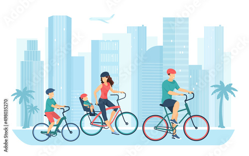 Big active family with kids ride bicycles on city street. Group of happy cyclists traveling, young parents and children enjoy fun weekend flat vector illustration. Sport, healthy lifestyle concept