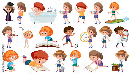 Set of children doing different activities on white background