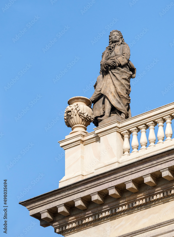 Statue on a balustrade of Concert and gallery center Rudolfinum, Prague