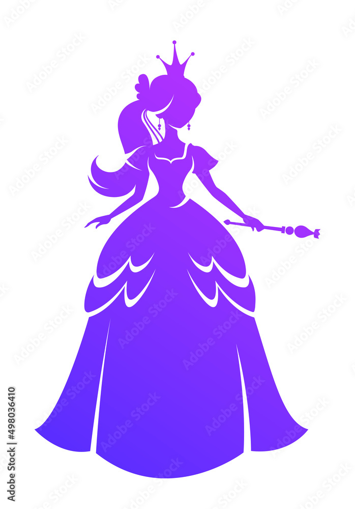 Princess silhouette standing in beautiful dress with magic wand. Charming fairy tale girl. Cartoon character vector illustration. Fantasy book or child accessories design element, apparel print. Princess silhouette standing in beautiful dress with magic wand. Charming fairy tale girl. Cartoon character vector illustration. Fantasy book or child accessories design element, apparel print.