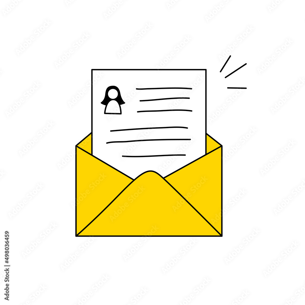 Open envelope with a CV from a woman - with a female profile inside. Job search, employment concept, sending curriculum vitae. Outline vector illustration on white. Open envelope with a CV from a woman - with a female profile inside. Job search, employment concept, sending curriculum vitae. Outline vector illustration on white.