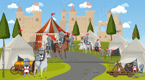 Medieval town scene camp with tents and castle