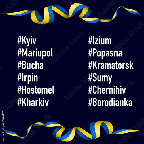 Ukrainian cities hashtags with flag photo