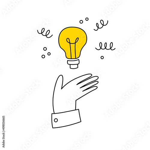  A bright lamp above the palm of the hand. Ideas, think outside the box, imagination, solution, and effort. Thin line vector illustration on white background.