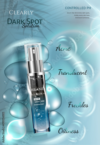 Skincare on blue water surface and tropical leaves. with sparkling lights and sponges. Luxurious advertisement vector illustration.