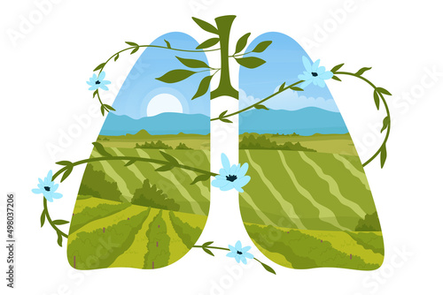 Green summer fields and vineyards, pure clean nature inside abstract human lungs vector illustration. Cartoon wild flowers wrap around eco body organ for breathing isolated on white. Earth day concept