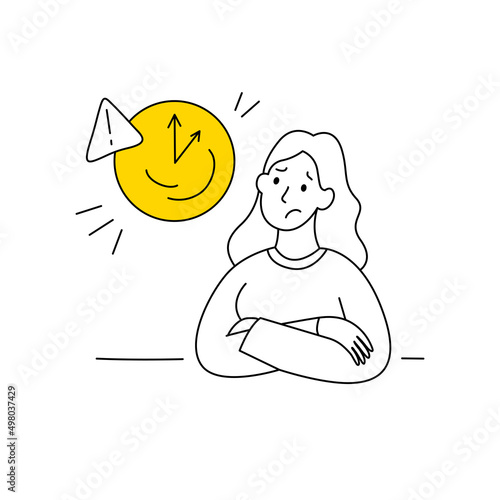 A cute woman looking at the watch on her hand. Timing, deadline, time tracking, limitations concept. Thin line hand-drawn elegant vector illustration on white isolated background.
