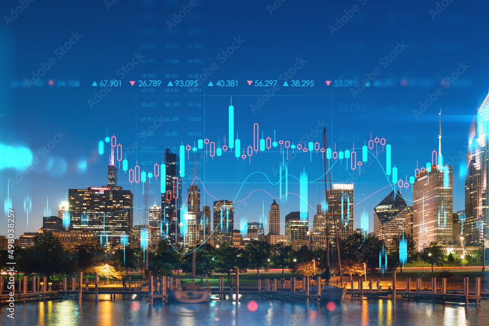 Obraz premium Downtown skyscrapers city view, Chicago skyline panorama over Lake Michigan, harbor area, night time, Illinois, USA. Forex graph hologram. Concept of internet trading, brokerage, fundamental analysis