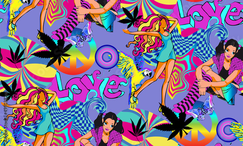 Seventies style seamless pattern  bright colors  girls  marijuana.