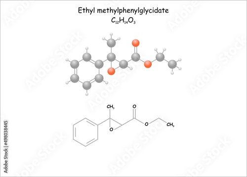 Stylized molecule model/structural formula of ethyl methylphenylglycidate. Use for strawberry flavoring in food.
