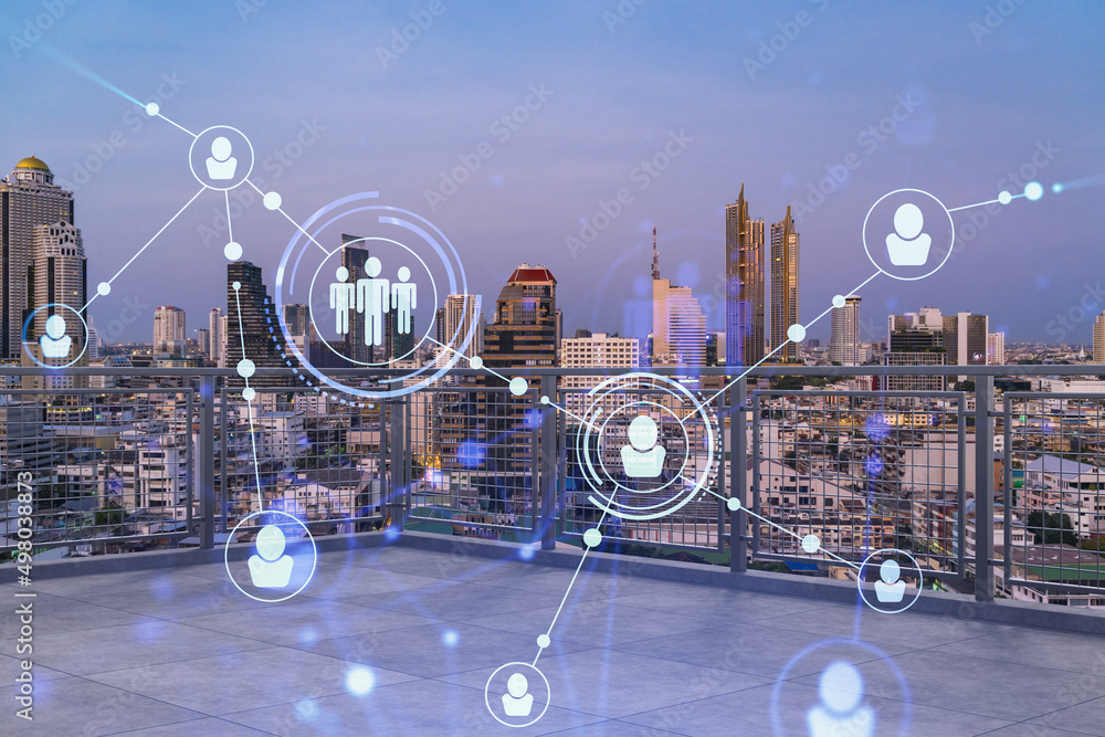 Rooftop with concrete terrace, Bangkok sunset skyline. Recruitment ...