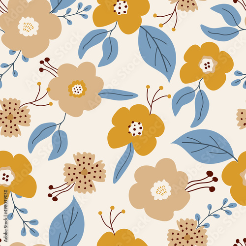 Seamless floral pattern. Vector summer, spring background. Design for fabric, cover, paper, stationery, interior decor.