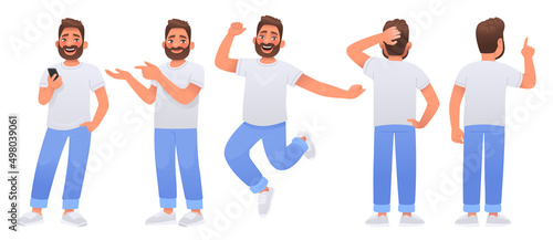 Set of character bearded man in casual clothes. A guy with a smartphone, shows, jumps for joy, scratches his head and chooses or doubts,