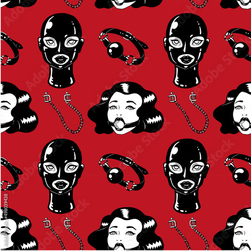 BDSM hand drawn seamless pattern. Red background