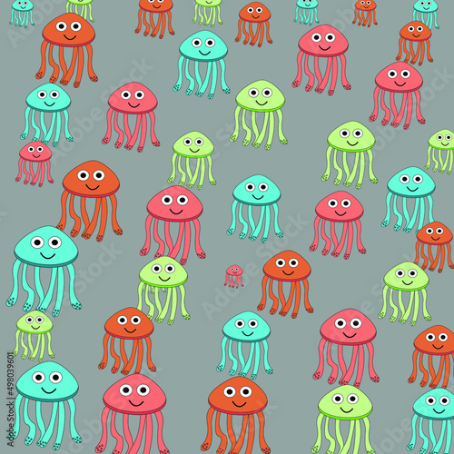 Pattern with painted colorful jellyfish. Can be used for wallpaper, textiles, packaging, cards, covers. Small colorful jellyfish on a  green  background.