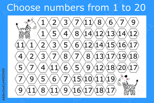 Counting maze for kids. A fun game, a mathematical puzzle with the selection of numbers from 1 to 20 in the correct order