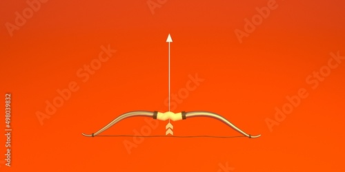 Hindu bow and arrow isolated on Orange background. Dussehra, Ram, hindu holiday design element. Realistic style 3d render illustration Image