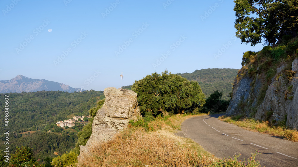 Mountain road and Silveraccio village in Upper Corsica island